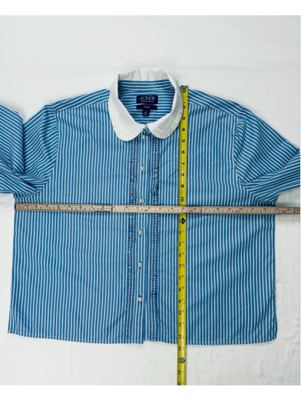 J.Crew Garçon Organic Cotton Striped Blouse Women’s 12 Blue White Ruffle Collar - Picture 3 of 8
